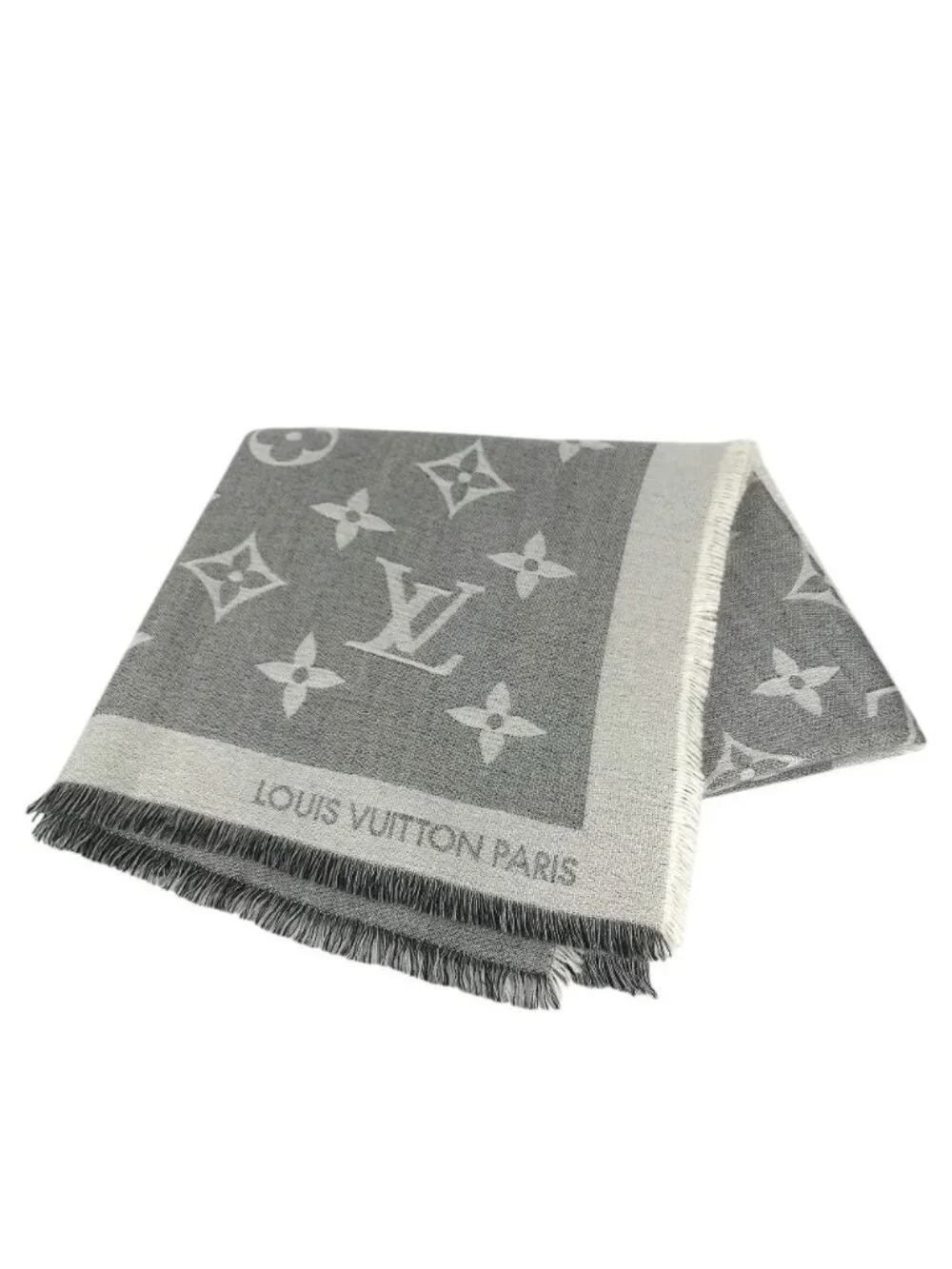 Louis Vuitton Shawl Logo Cashmere Gray Scarf